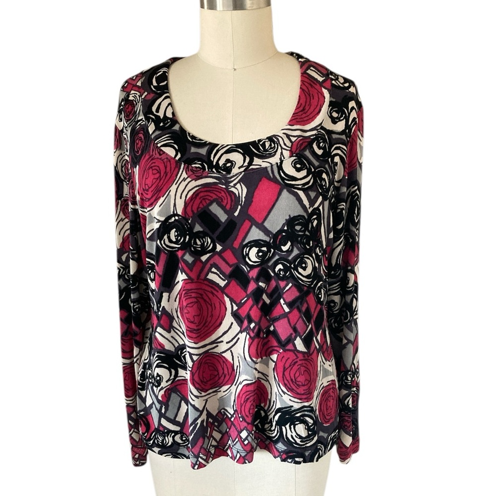 Large Chico's Long Sleeve Top in Pink and Black Abstract Design, Sz 2